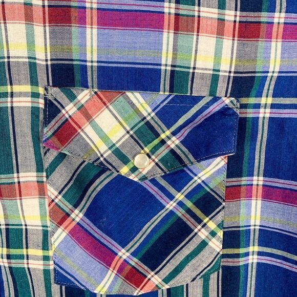 Western Fashions Shirt Mens Medium Blue Green Plaid Cowboy Pearl Snap Farm Ranch - Picture 5 of 12